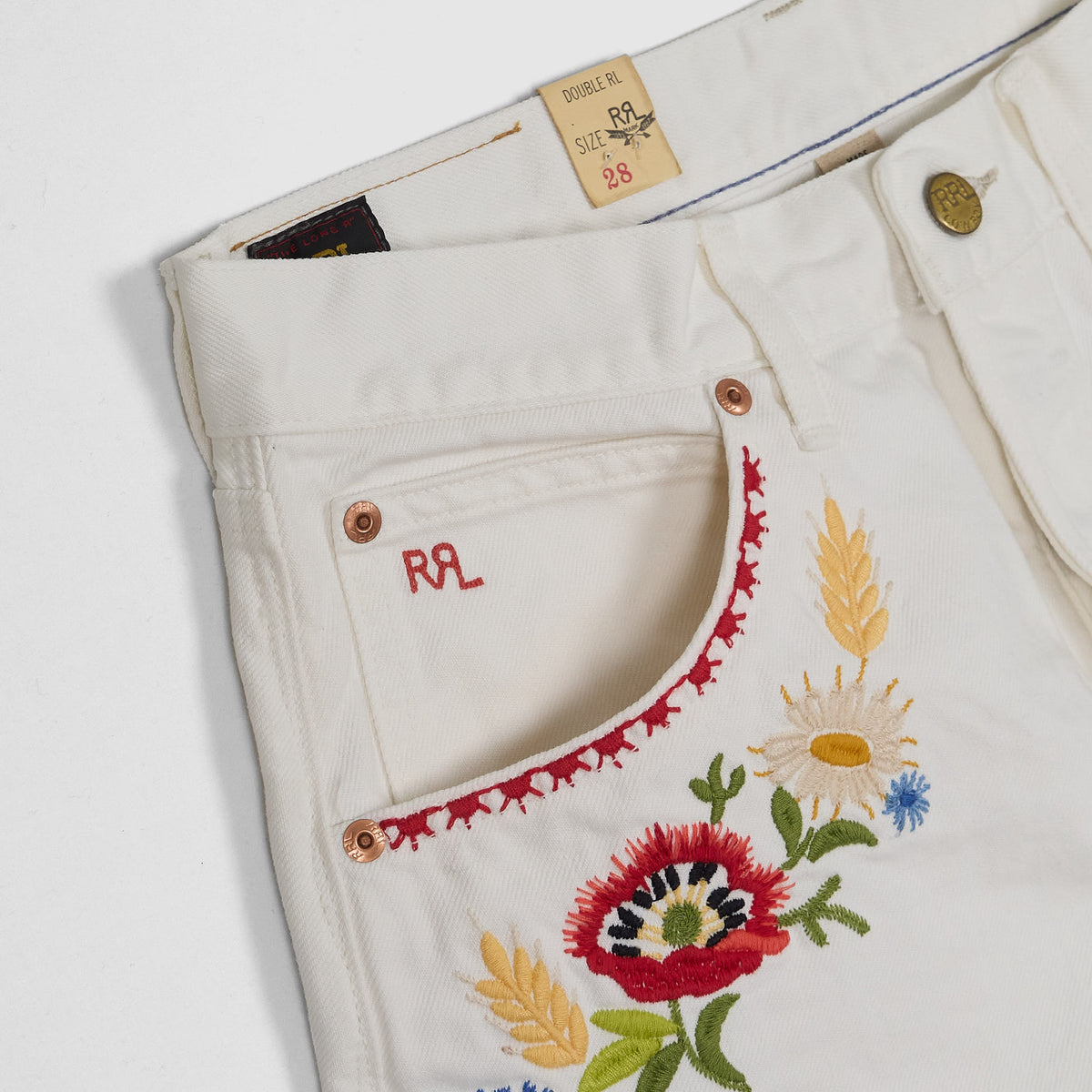 Double RL Ladies 5-Pocket Embroidered White Denim Shorts