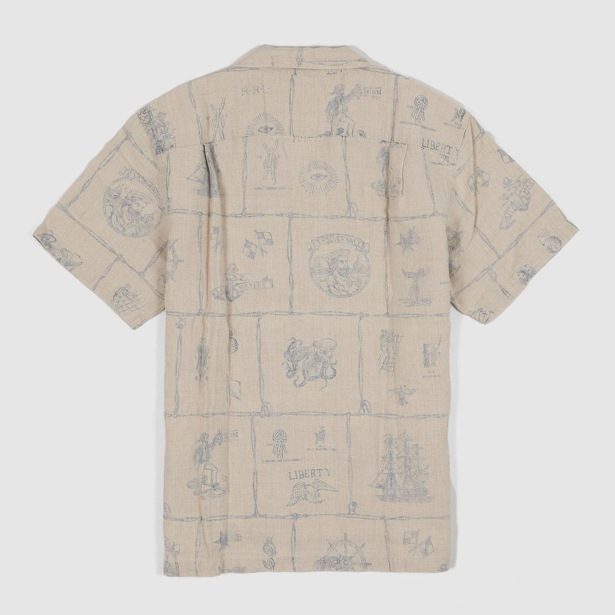 Double RL Indigo Printed Linen Short Sleeve Over Shirt