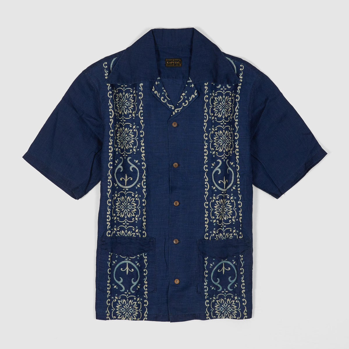 Kapital Short Sleeve Linen Indigo printed Ornamental Aloha Shirt Jacket