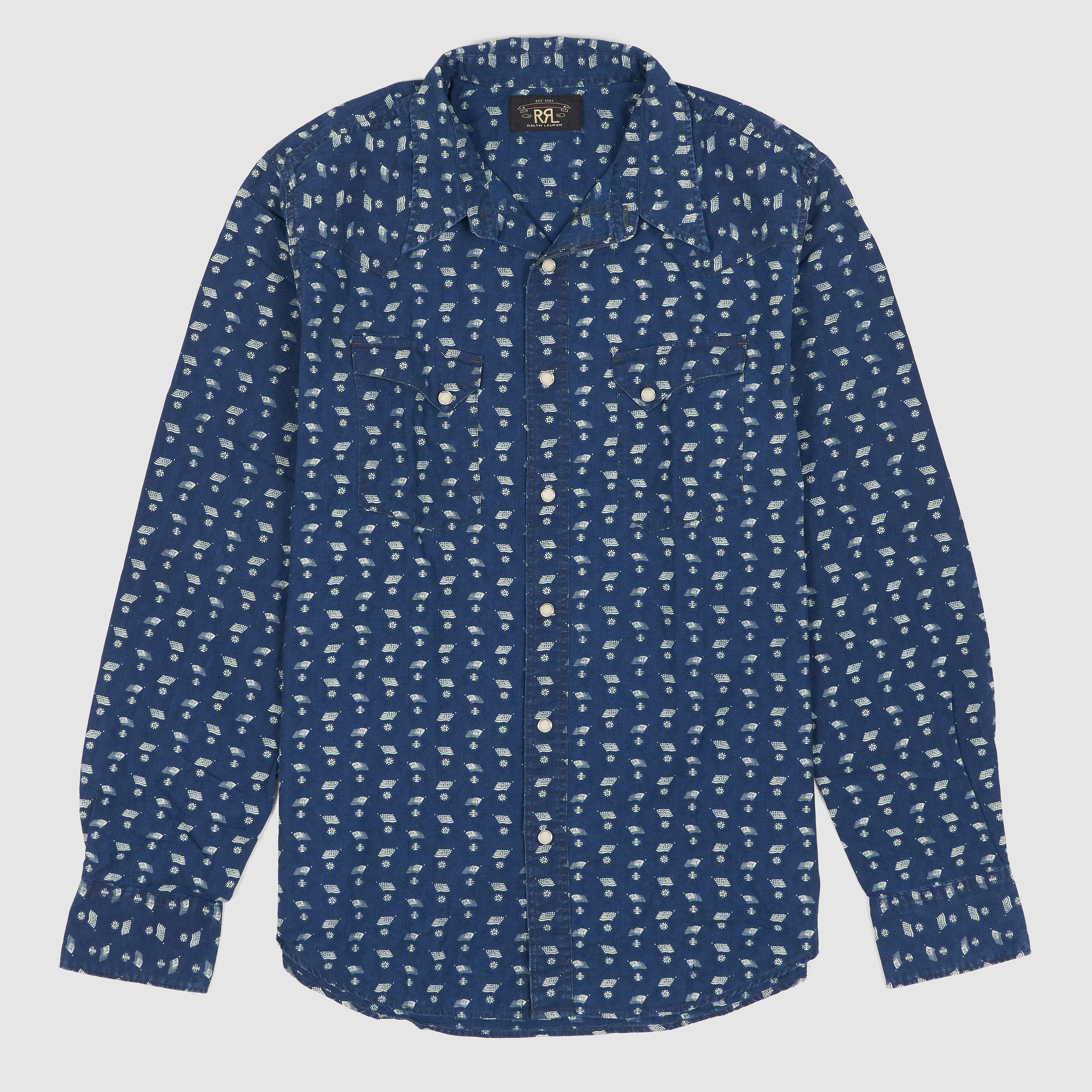 RRL INDIGO STAR PATTERN SHIRT チンストラップ Double RL Slim Fit Indigo Print Western Shirt - DeeCee style