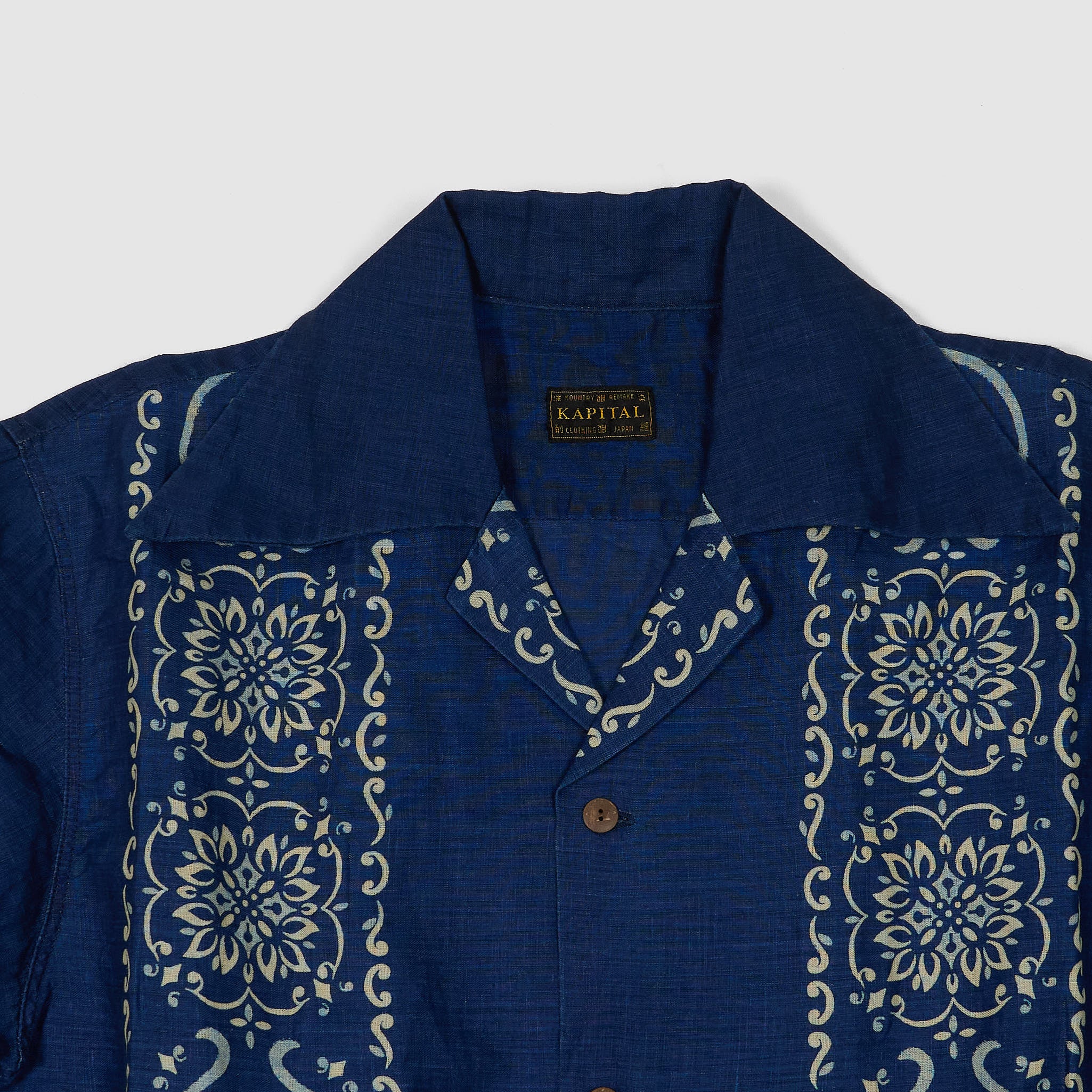 Kapital Short Sleeve Linen Indigo printed Ornamental Aloha Shirt 
