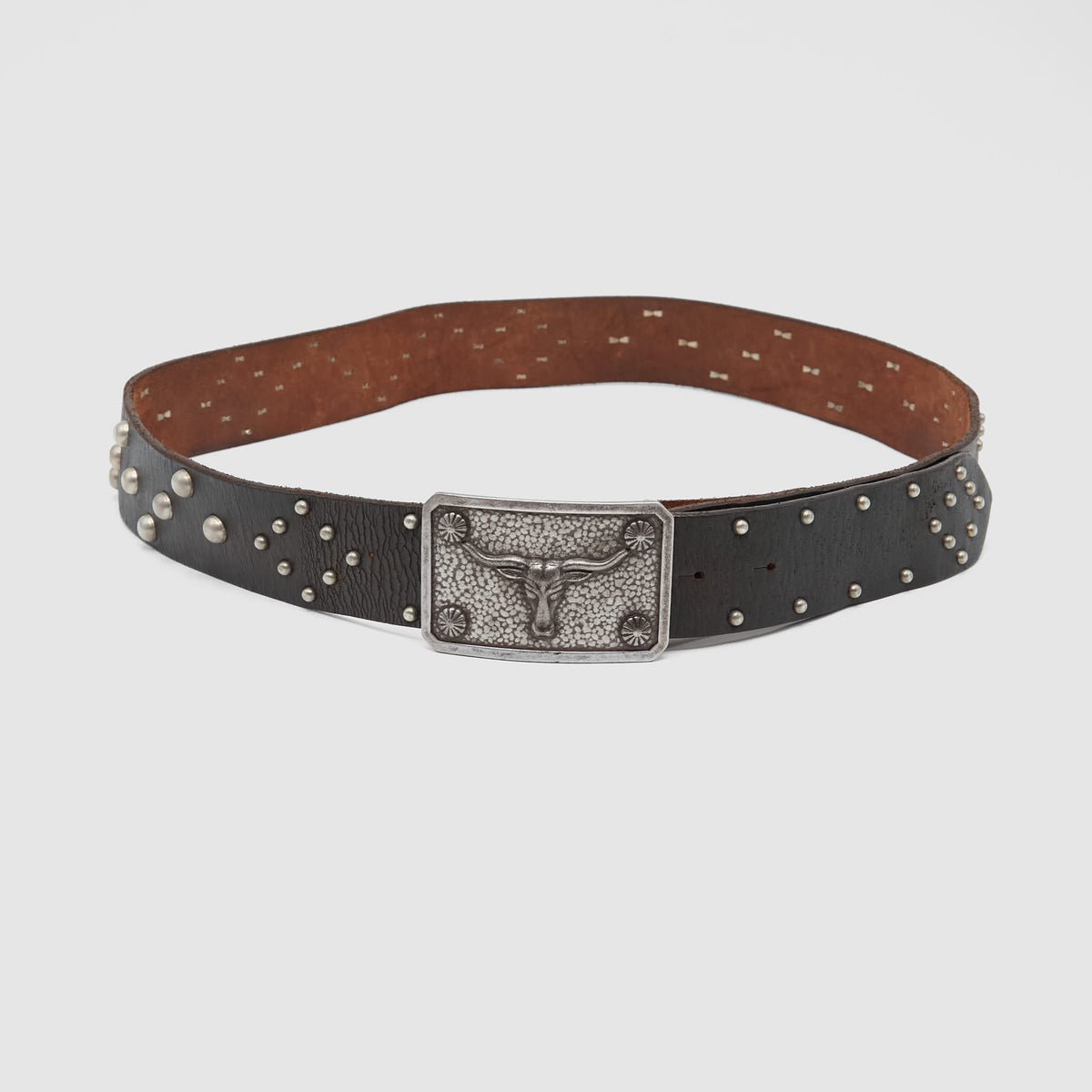 Double RL Studded Leather Belt Bull Buckle