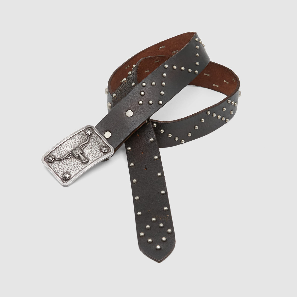 Double RL Studded Leather Belt Bull Buckle