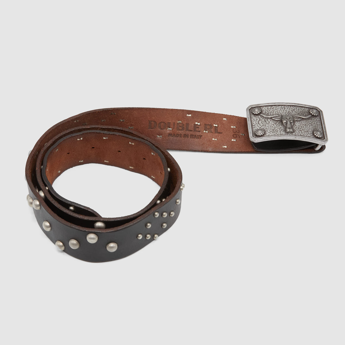 Double RL Studded Leather Belt Bull Buckle