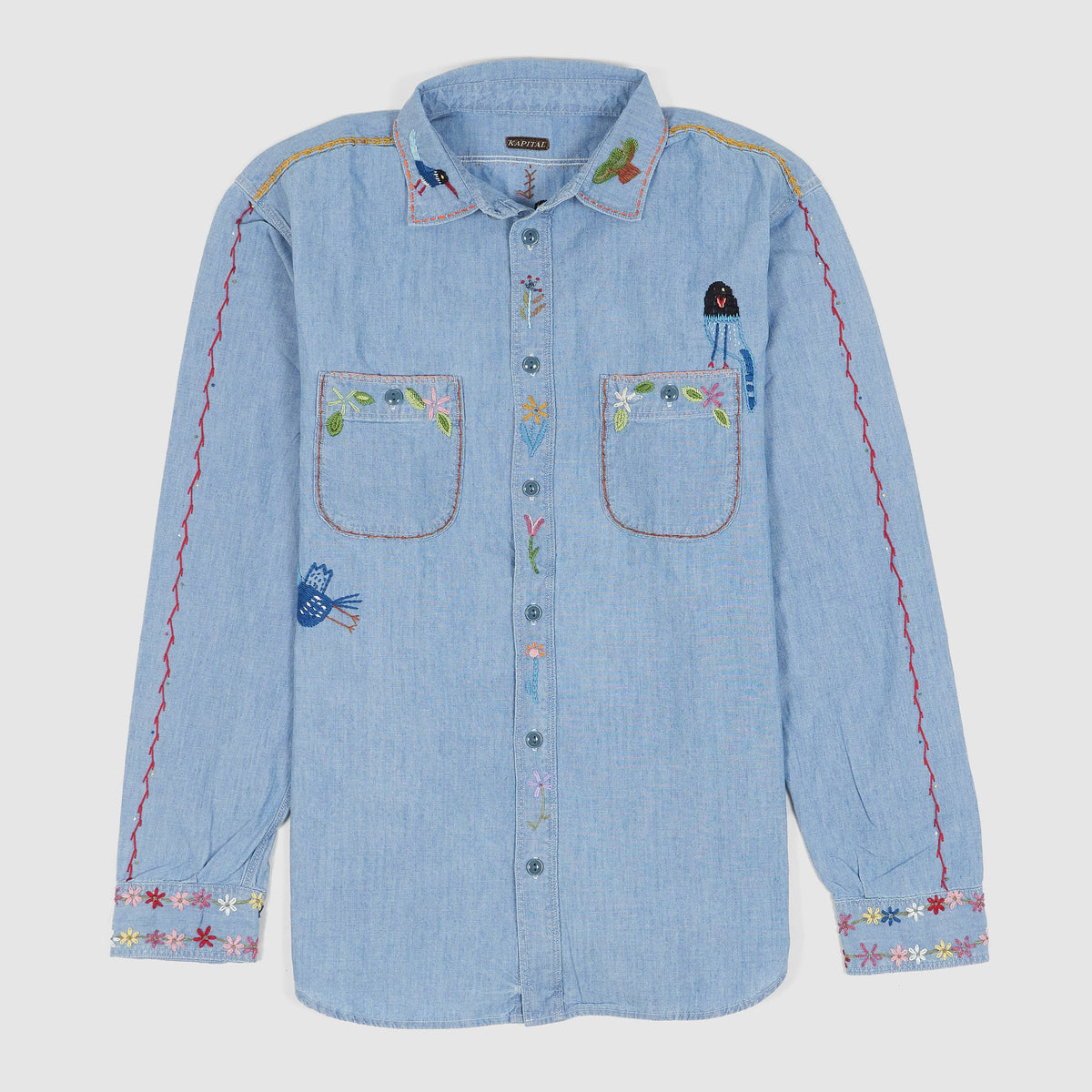 Kapital Long Sleeve Chambray Flower Birds Work Shirt