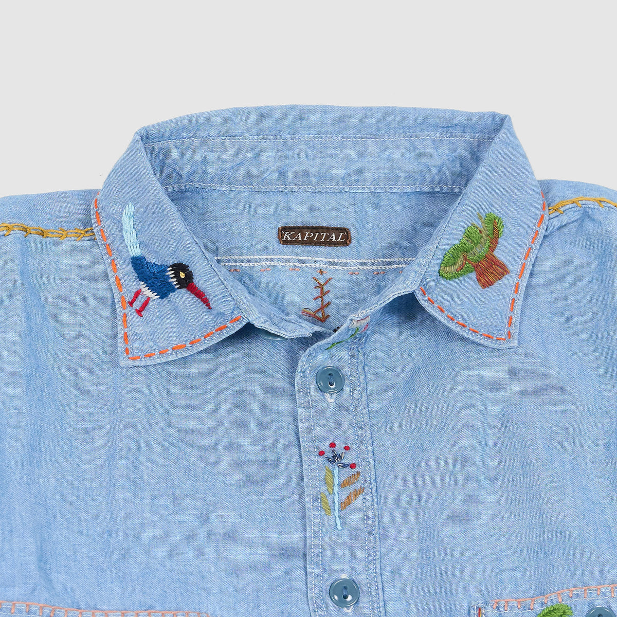 Kapital Long Sleeve Chambray Flower Birds Work Shirt