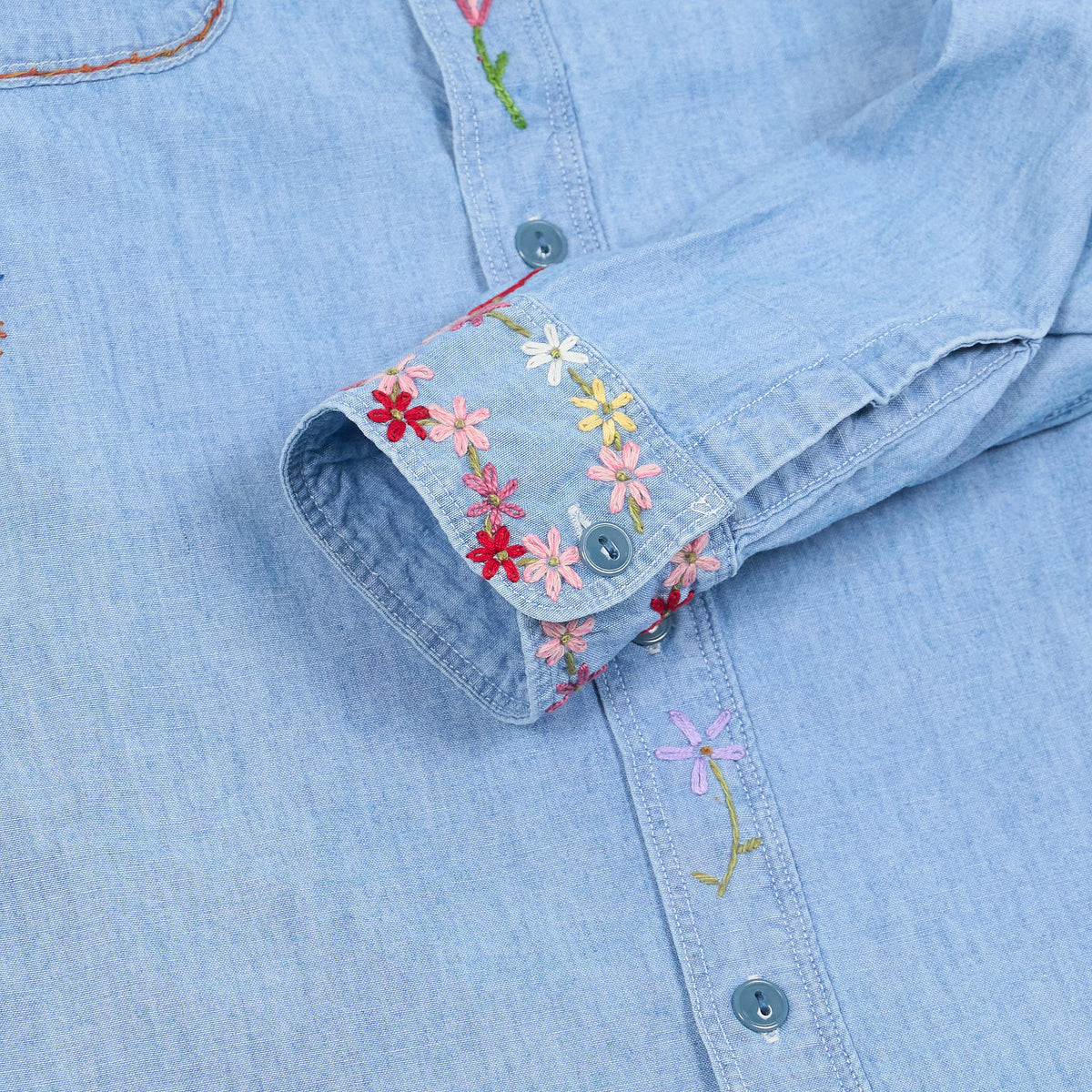 Kapital Long Sleeve Chambray Flower Birds Work Shirt