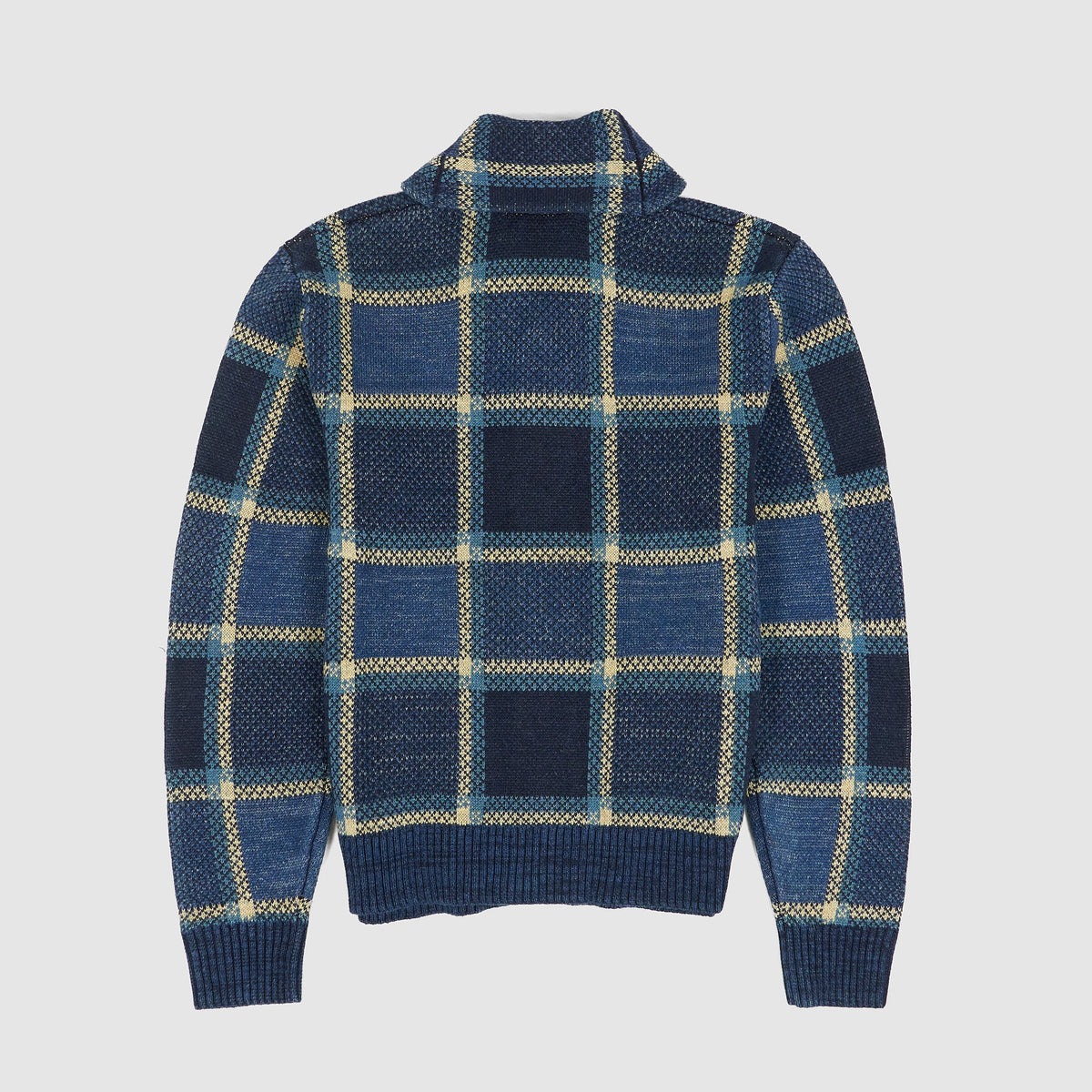 Double RL Shawl Collar Indigo Plaid Cotton-Linen Cardigan