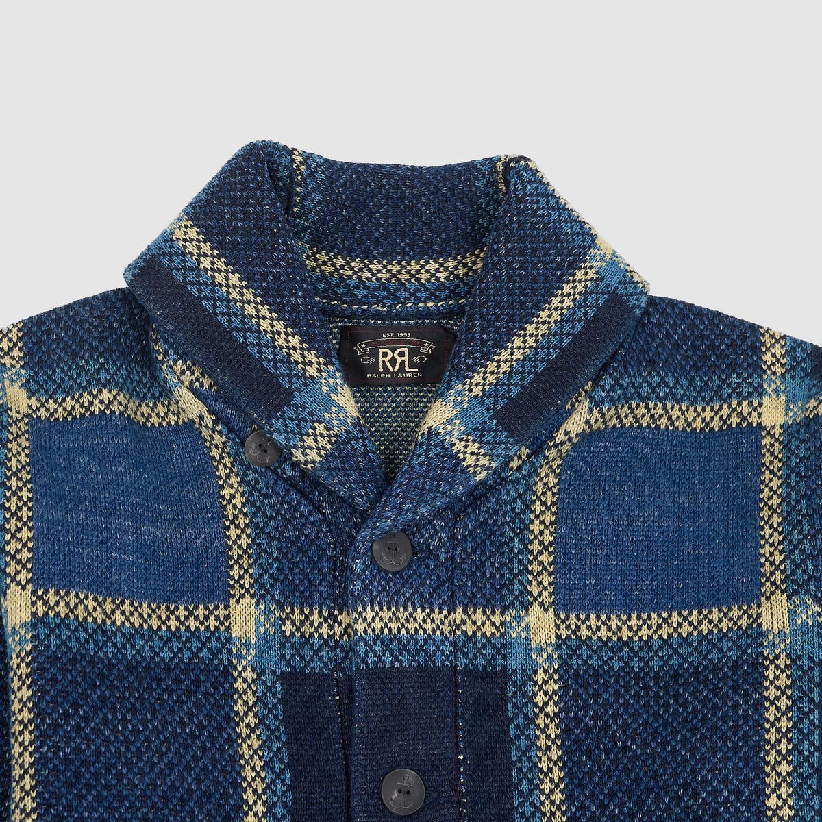 Double RL Shawl Collar Indigo Plaid Cotton-Linen Cardigan