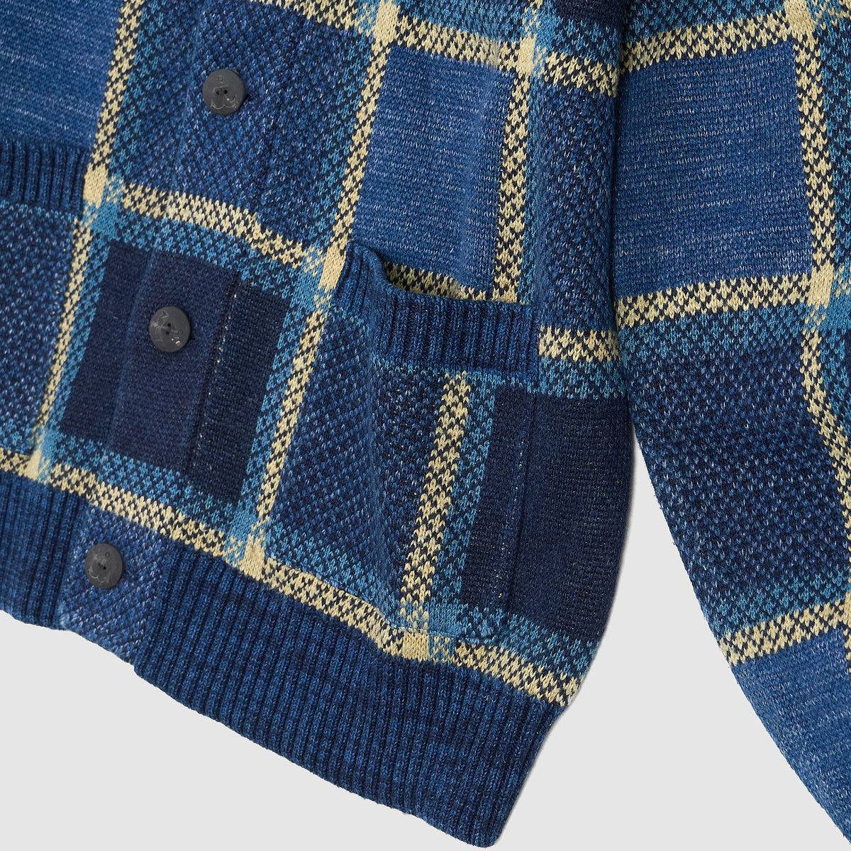 Double RL Shawl Collar Indigo Plaid Cotton-Linen Cardigan