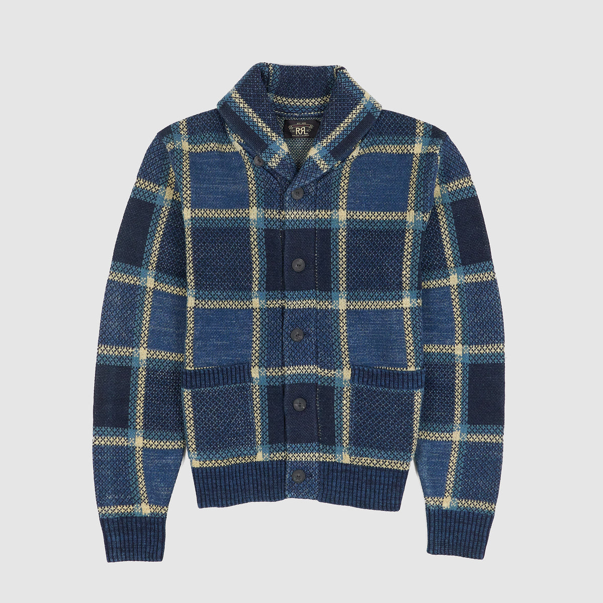 Double RL Shawl Collar Indigo Plaid Cotton-Linen Cardigan