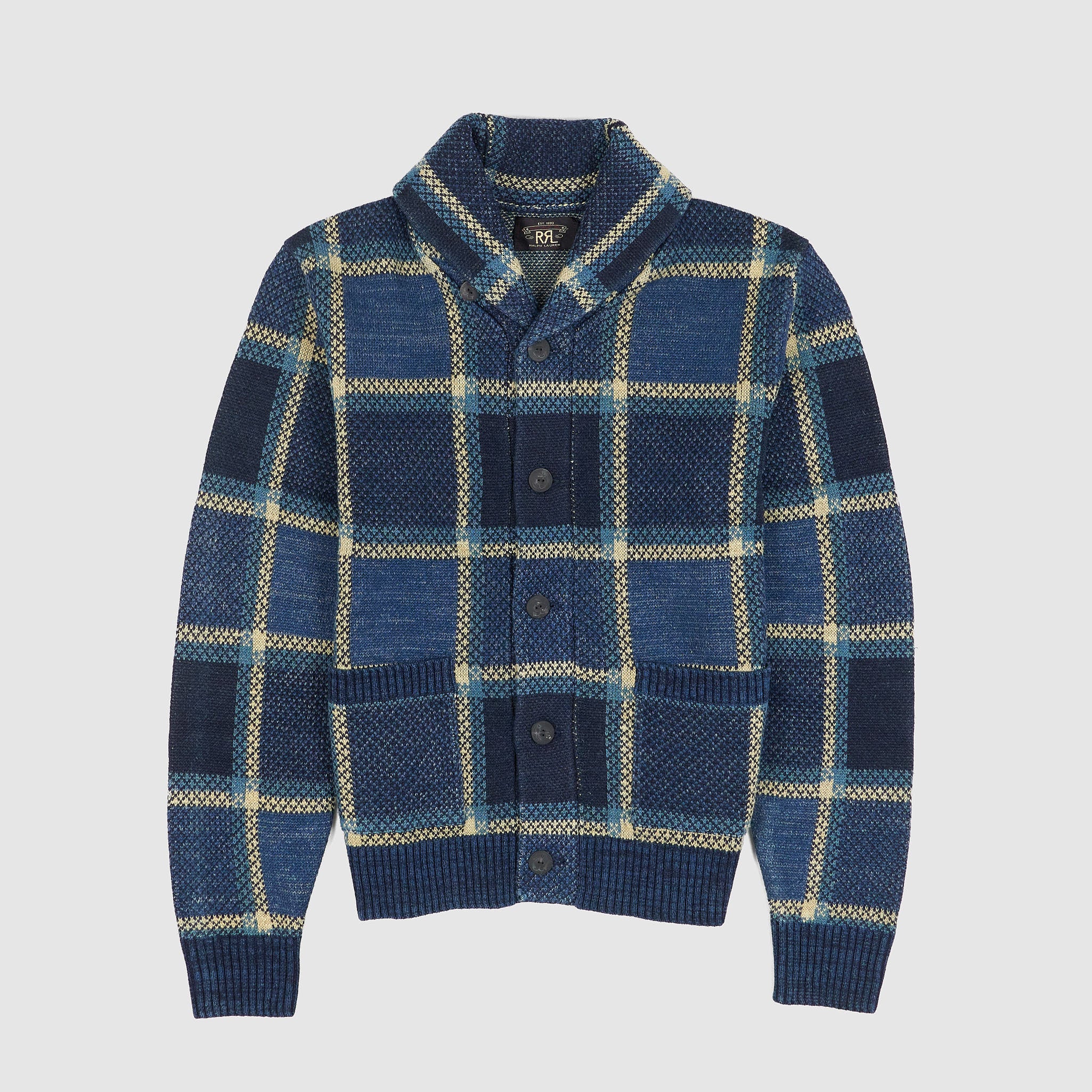 Double RL Shawl Collar Indigo Plaid Cotton Linen Cardigan DeeCee style