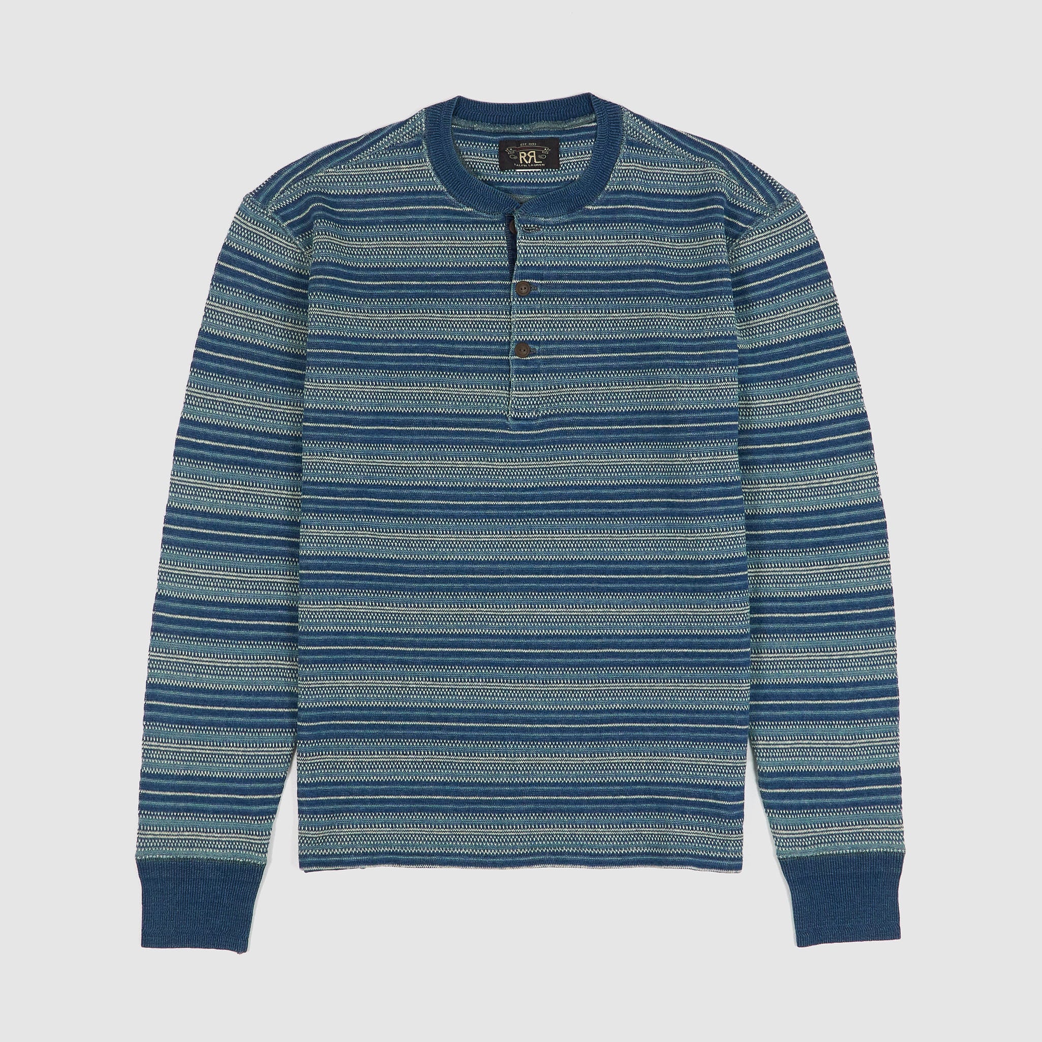 Double RL Long Sleeve Indigo Jacquard Henley Shirt - DeeCee style