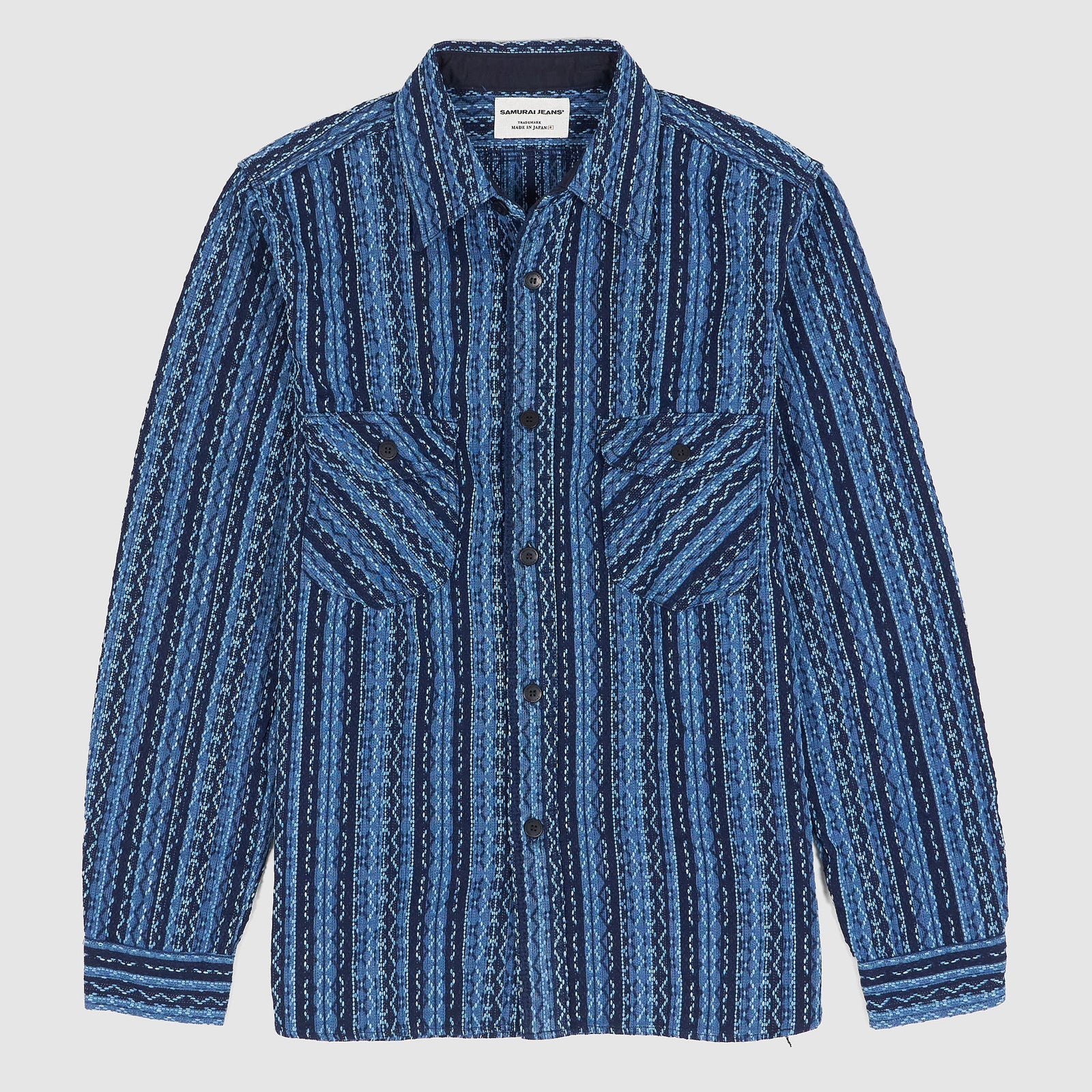 Samurai Jeans Jacquard Striped Natural Indigo Long Sleeve Shirt