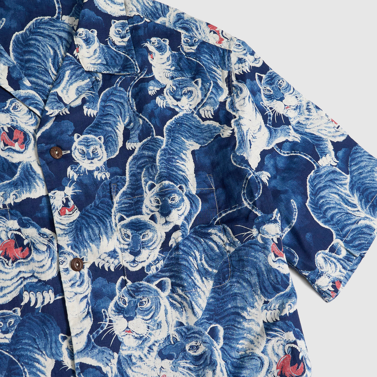 The Flat Head Indigo Tiger Short Sleeve Hawaiian Shirt