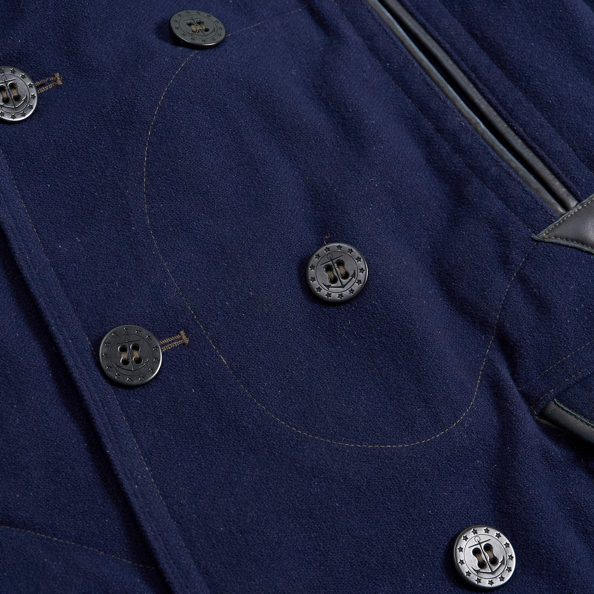 Double RL Leather-Trim Wool Blend Pea Coat