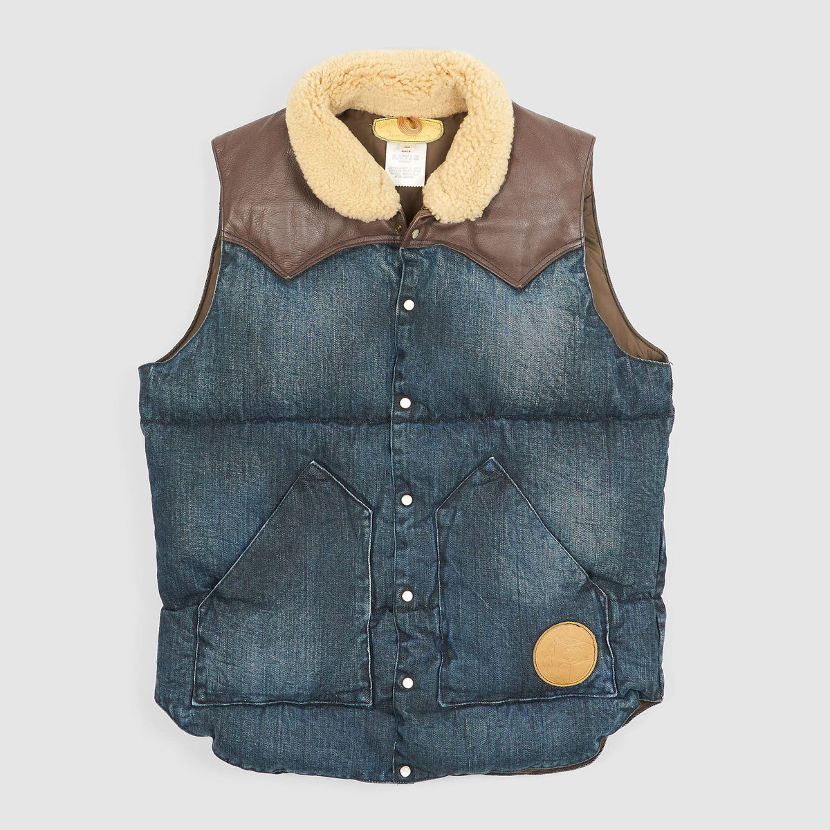Rocky Mountain Featherbed Indigo Shearling Collar Down Vest with Leather Yokes