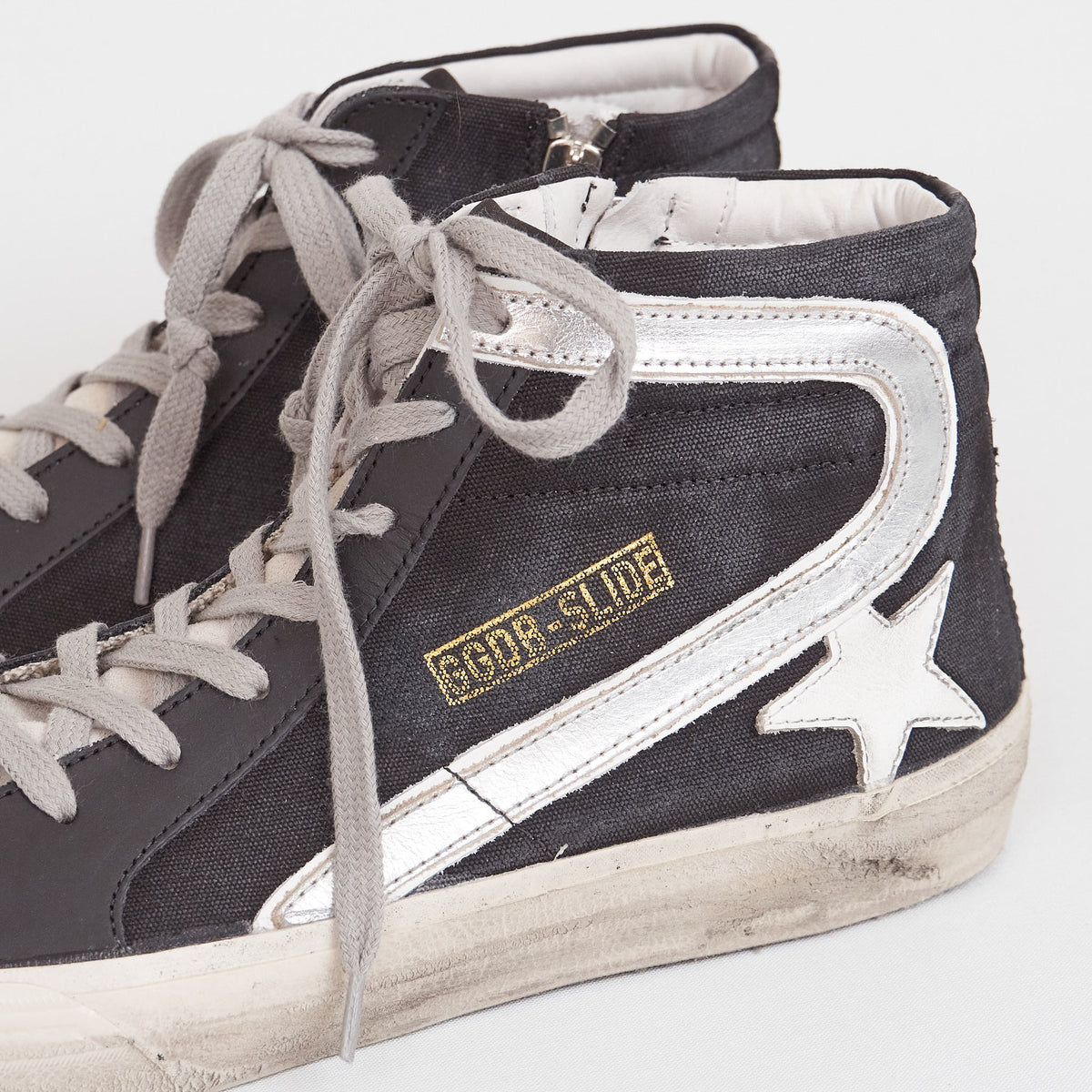 Golden Goose High Black Canvas Silver Slide Sneakers