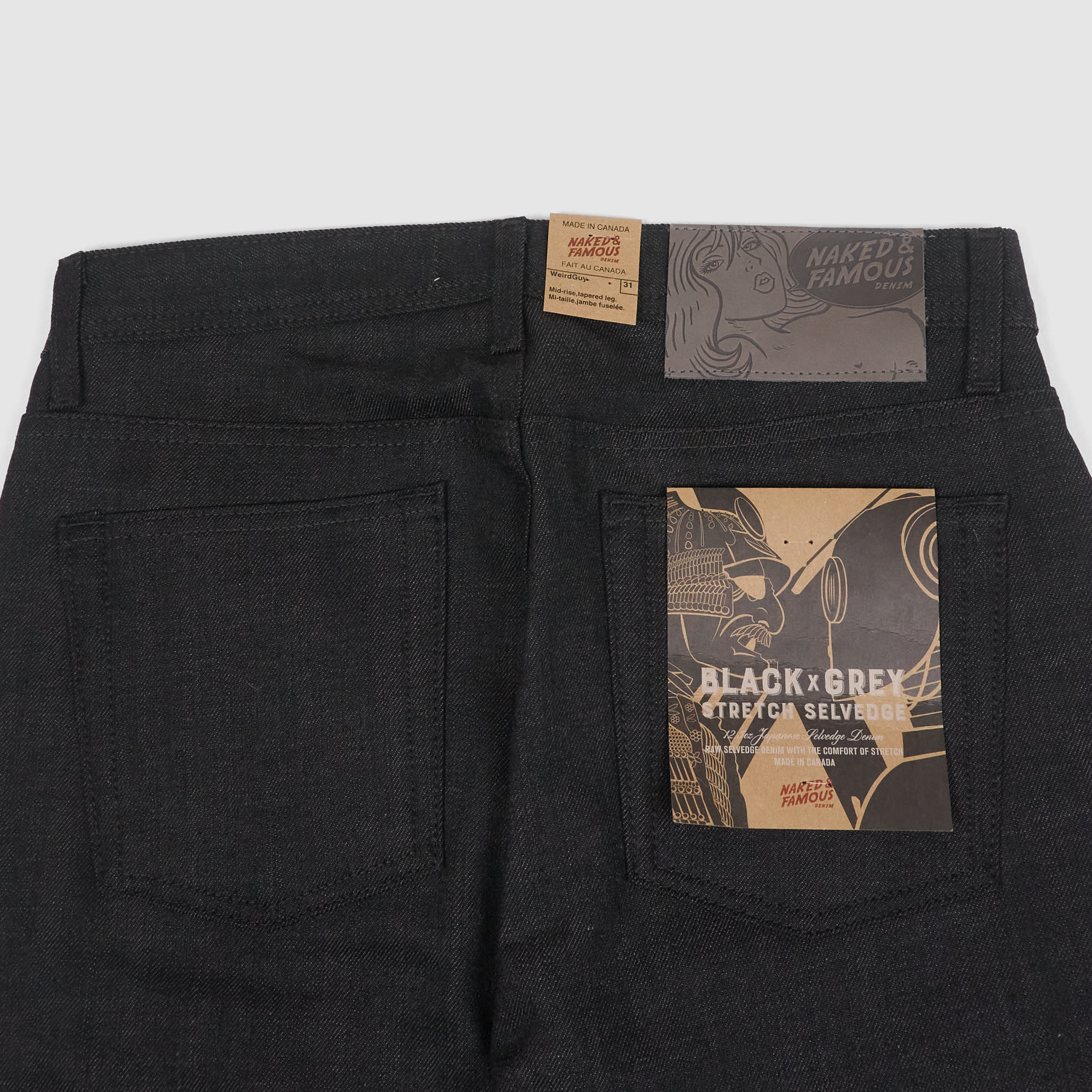 Naked Famous Stretch Selvage Denim Black x Grey Weird Guy