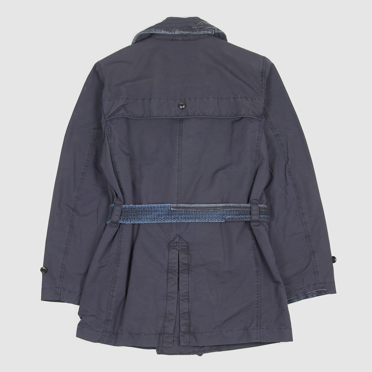 KRM Kyoto Indigo Patchwork Double Breasted Trench Coat with Belt