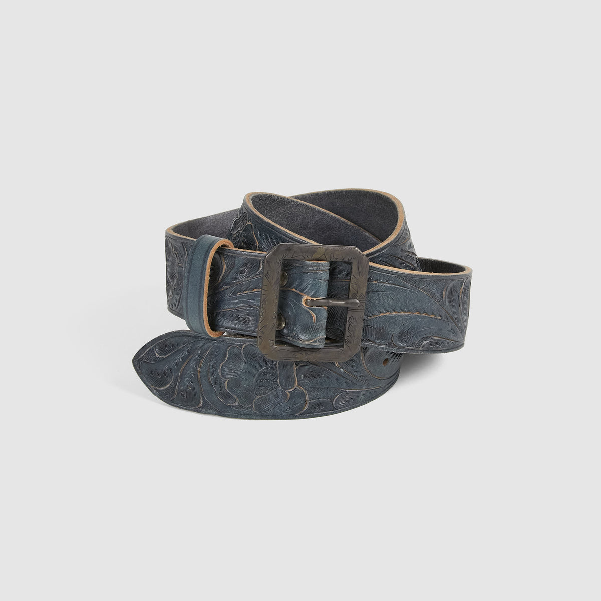 Double RL Hand-Tooled Indigo Dyed Leather Belt