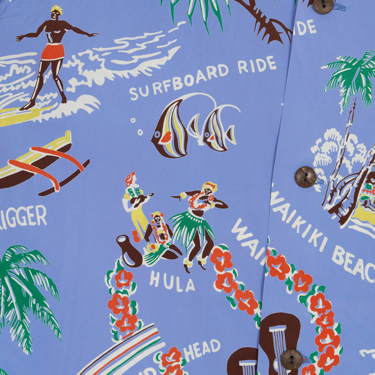 Sun Surf Hawai Rayon Palms &amp; Hulasurfer Aloha Shirt