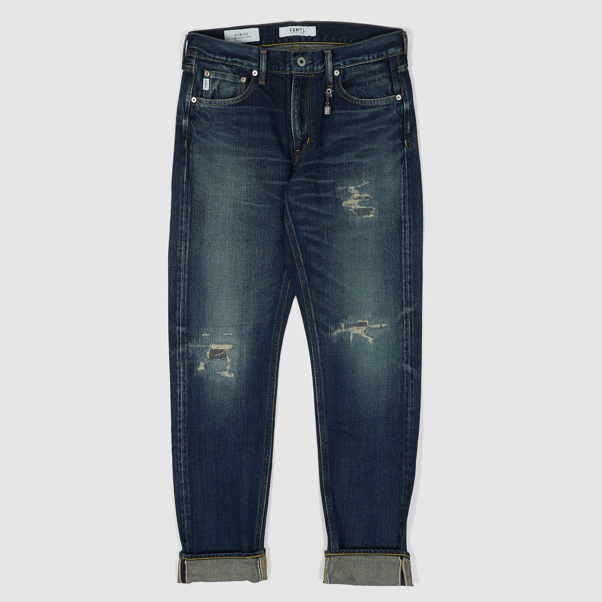 FDMTL Slim Fitted Straight Denim Hard Vintage Washed 5 Pocket Selvage Jeans