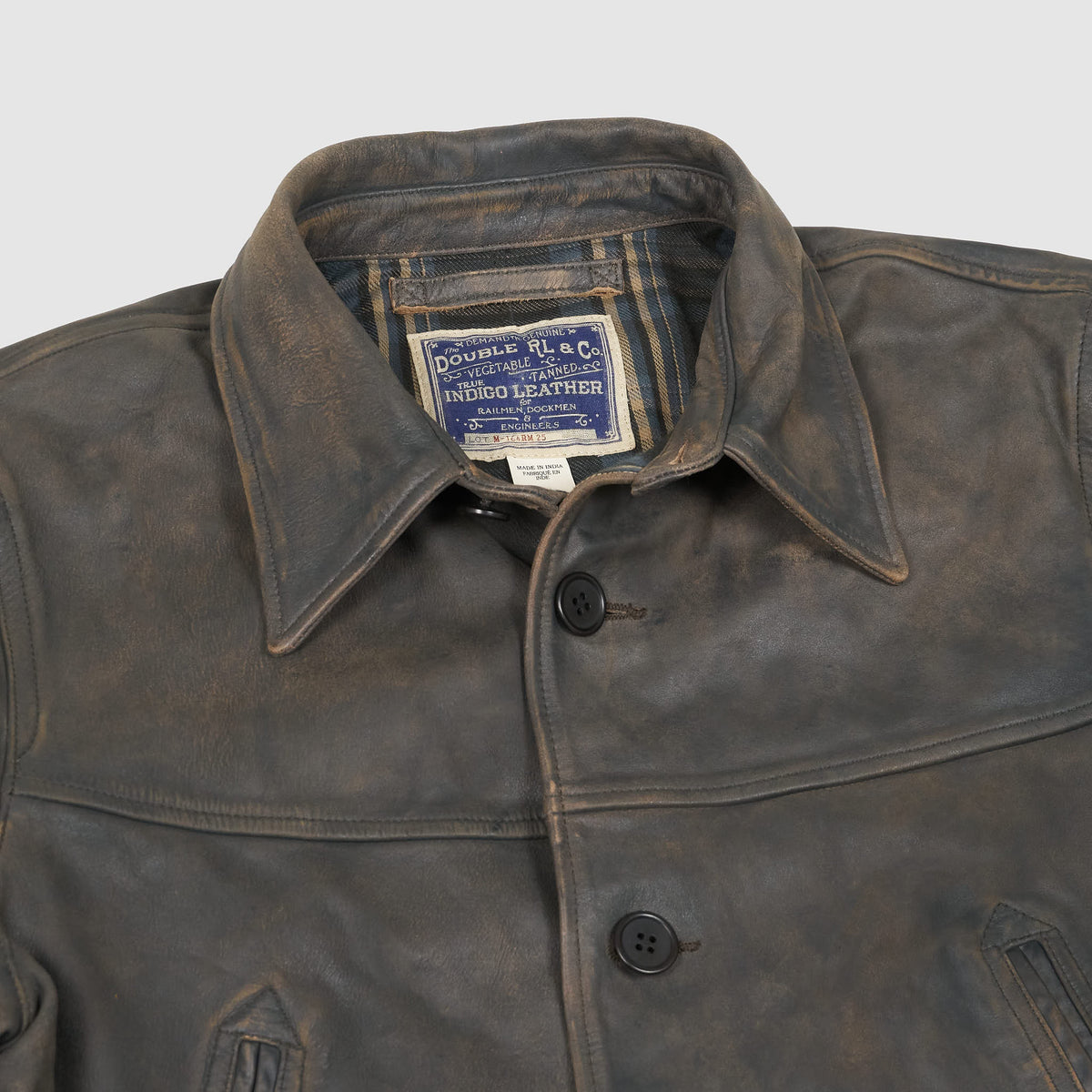 Double RL Washed indigo Leather Car Coat