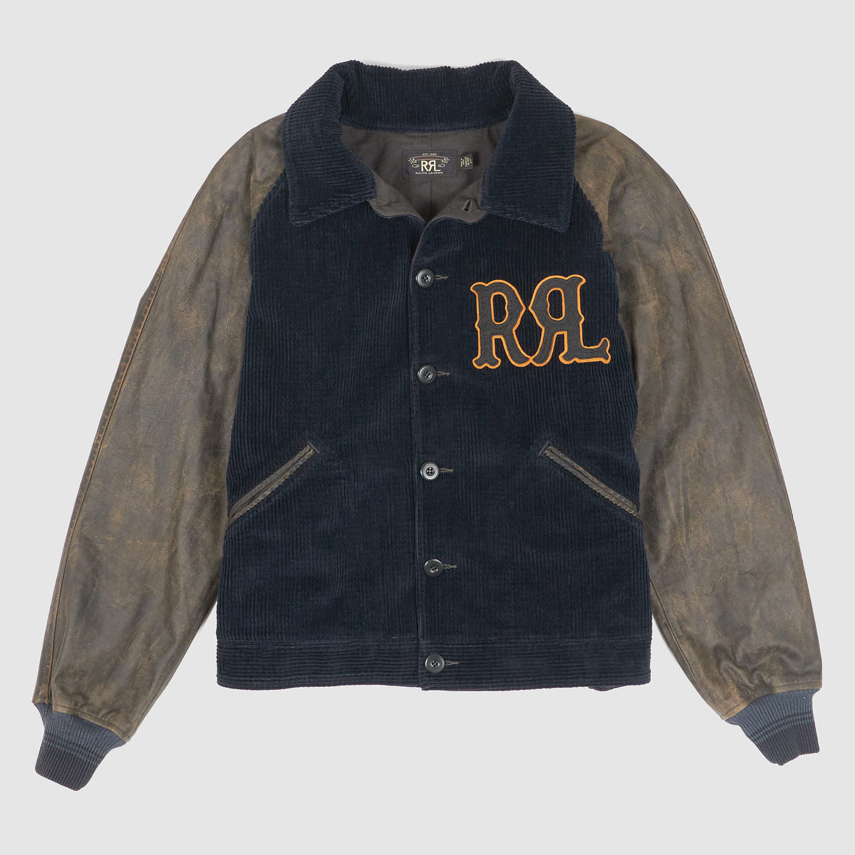 Double RL Leather Sleeves Varsity Bomber Jacket