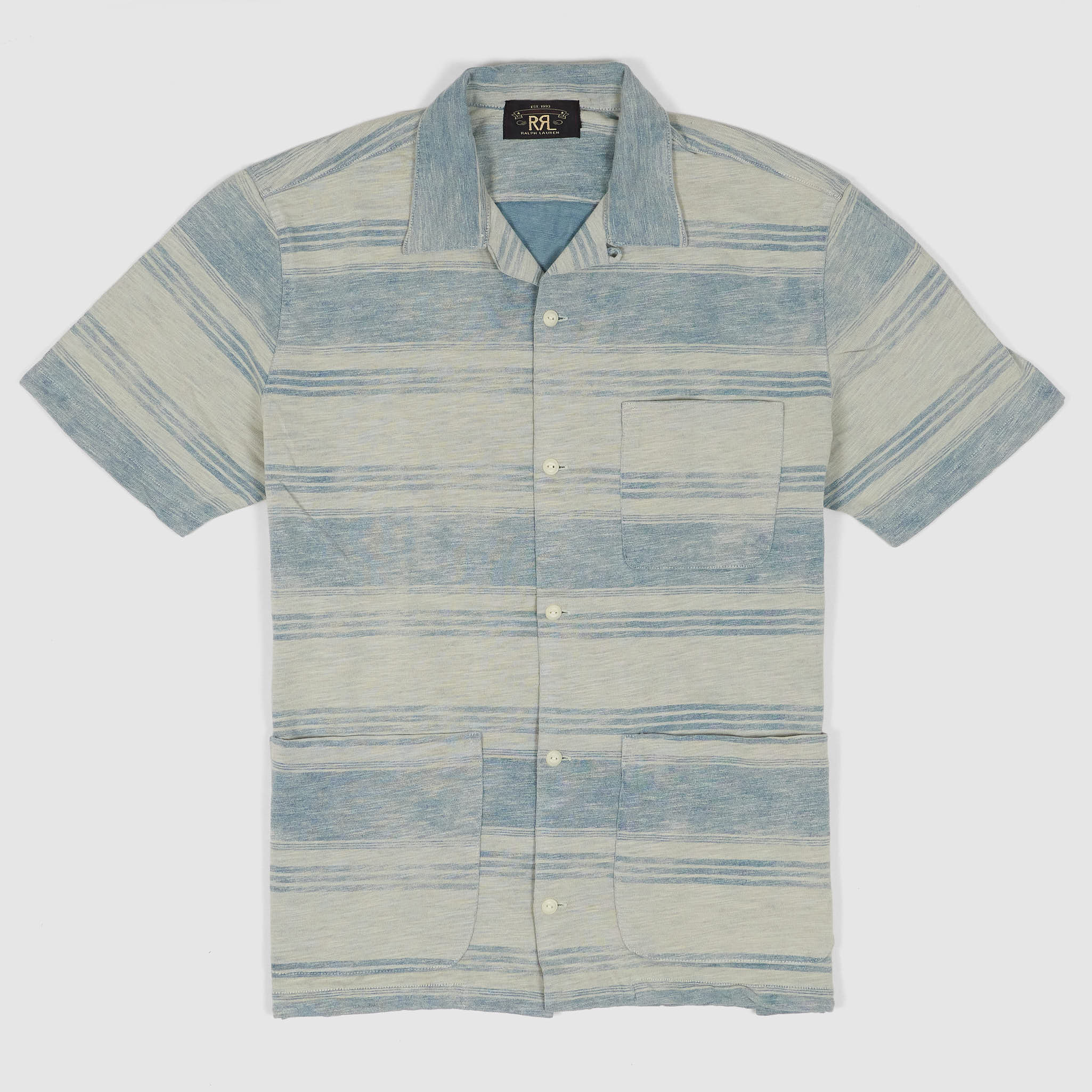 Double RL Short Sleeve Indigo Striped Jersey Camp Shirt - DeeCee style
